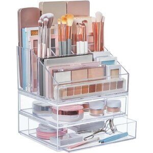 Stackable Makeup Holder & Drawer Organizer Set, Clear, BPA-Free Plastic
